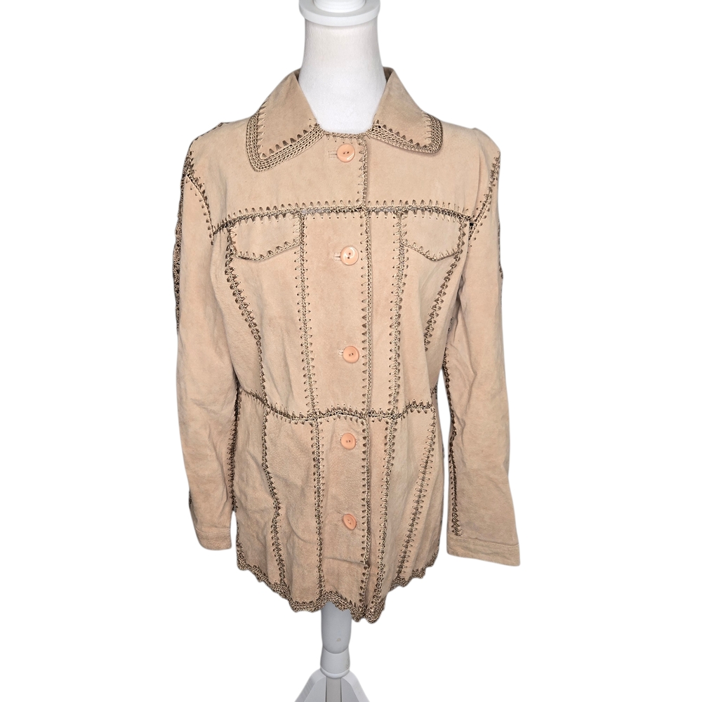 Women's Leather Patchwork Jacket Crochet Flowers … - image 3